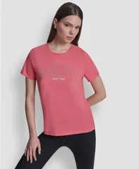 【送料無料】 ダナ キャラン ニューヨーク レディース Tシャツ トップス Womens Rhinestone Varsity Logo Relaxed Fit PullOn TShirt Sunkiのサムネイル