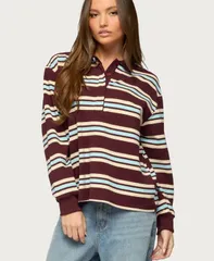 【送料無料】 アディクテッド レディース シャツ トップス Womens Renya Striped Rugby Shirt Burgundy