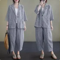 88 オーバーサイズ リネンジャケット パンツ ストライプ スーツ セット ゲスト 結婚式 カジュアル