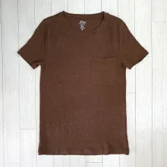 J. クルー- XS リネン 麻 100 % ラウンドネック ポケット 半袖T (チョコレート) ブラウン)