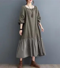 オーバーサイズ 長袖 シャーリング フレア ロング丈ワンピース ヴィンテージ ラブリー シャーリング パフ バルーン