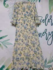 新品/ブルー バラ ローズ パータン Vネック ロング丈ワンピース 66 細見え 77