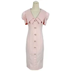 3123 ピンク スリムフィット ビック襟 マーメイド パフワンピース