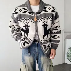 ショールカラー ウール ノルディック ツーウェイ オーバーサイズ ニット セーター ジップアップ ジャケット 2 カラー 95 ー 105