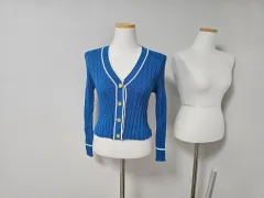 青 カーディガン クロップドカーディガン V ネックニット ゴールドカーディガン