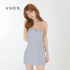 ANIER. / ROBE de FLEURS アニエ ローブドフルール anier4063 [BijouLine bare mini dress] Blue Gray