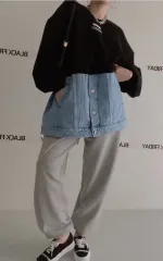 JY-339 半々デニム バイカラー スウェット ルーズフィット スウェット