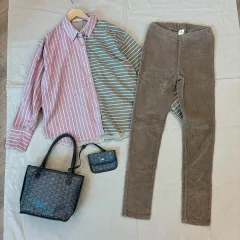 上下セット セットアップ ストライプ バイカラー シャツ & ライトブラウン コーデュロイ イージーパンツ 55