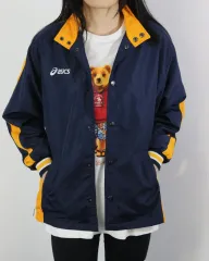 asics(アシックス) ネイビー 黄色 ライン 裏起毛 ウィンドブレーカー トレーナー ジャケット