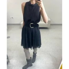 日本ヴィンテージ ブラック ゴシック ゴス・ルック ノースリーブ プリーツ ミディ ワンピース