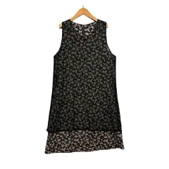 日本 ヴィンテージ フラワー パータン ブラック チュール レイヤード スリーブレス ロング ONE PIECE