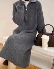 (海外配送) ハーフネック ジップアップ ニット ONE PIECE 秋 Long カジュアル 白