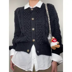 日本 ヴィンテージ ブラック ニット ケーブル編み カーディガン