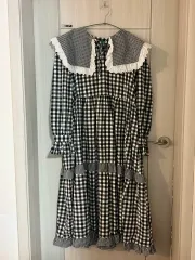 フリル ビック襟 レース ギンガムチェック ロング ワンピース オーバーサイズ ロリータ