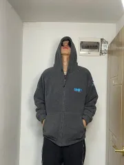 グレー ボア フード付き ジップアップパーカー フリース ジャケット L