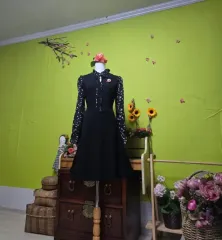 ホットピンク/シャーリングネック/リボンネック/ニット ブラックワンピース / 花柄 バイカラー / Aライン ワンピース