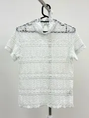 日本ヴィンテージ 白 レース レイヤード インナー シースルー 半袖 ハイネック Tシャツ