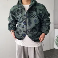 冬 ヴィンテージ パターン フード フリース シャーリング ジップアップ ブルゾン 3 カラー 95 ー 105