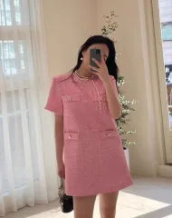 ピンク ツイード 結婚式 ゲストルック ワンピース