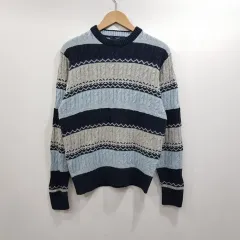 ヴィンテージ ケーブル編み ボーダー柄 ケーブル ウール ニット Tシャツ レディースM H118