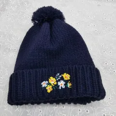 ネイビー 花刺繍 ニット帽