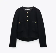 ザラ ノーカラー ツイード ジャケット ダークネイビー M