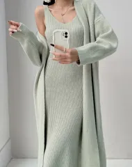 長袖 ロング カーディガン ノースリーブ ONE PIECE セットアップ 出品 (3 color)(新品)