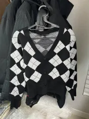 アーガイル柄 Vネック クロップド ニット カーディガン