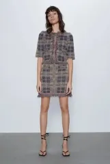 新品 ZARA ザラ チェック ニット ツイード スカート ジュエリー ダイヤモンドアート ボタン