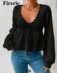 シャイン リボン フリル ニット (ホワイト/ブラック)