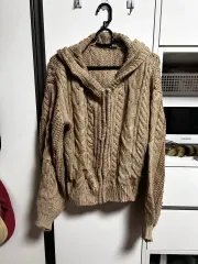 ベージュ ケーブル ニット フード カーディガン