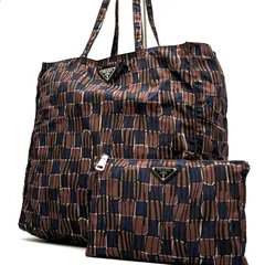 極美品 PRADA プラダ エコバッグ トートバッグ テスート ナイロン ブラウン ネイビー 三角ロゴ 折りたたみ パッカブル 肩掛け A4収納 大容量 ポーチ付属 B4626K メンズ レディース ユニセックス 通勤 通学 旅行 サブバッグ 買い物 幾何学