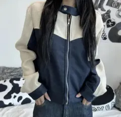 Kimis ミックス デニム ニット チャイナ ジャケット ジップアップ