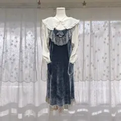 ヴィンテージ ブルー ツアーベルベット レイ フリル ラブリー フェミニン エプロン Long ONE PIECE