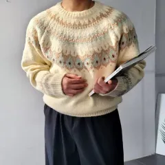 ヘビー ウール ジャガード ノルディック オーバーサイズ ラウンド ニット セーター 2 カラー one size