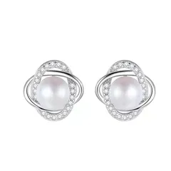 【新品】 Rockyu ピアス レディース シルバー925 金属アレルギー対応 花形 淡水パール 真珠ピアス フラワー スタッドピアス 記念日 プレゼント ギフト ファッション アクセサリー (シルバー)