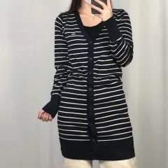 LACOSTE(ラコステ) ネイビー ストライプ ウール ロング ニット カーディガン 95 250122