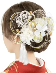 成人式 髪飾り 振袖 着物 袴 卒業式 結婚式 和装 浴衣 水引 あじさい かすみ草 和玉 紫陽花 組紐 金色のビーズ ヘッドドレス アクセサリー 白 ホワイト HY001