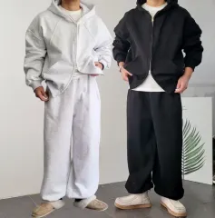 セット フード スリット ジップアップ ゴム バルーン ワイド ジョガー パンツ 3 カラー