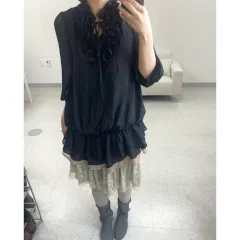 日本ヴィンテージ ブラック フリル ゴシック ゴス ブラウス レイヤード ミニ ONE PIECE