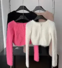 華奢 ファー ニット アンゴラ クロップド ジップアップ