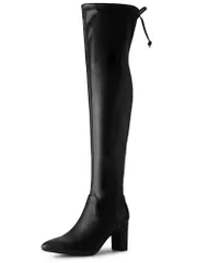 新品 [Allegra K] レースアップ ニーハイブーツ ロングブーツ チャンキーヒール サイハイブーツ レディース ブラック 25.0 cm