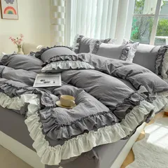 新品 布団カバー 3点セット 2層フリル布団カバー 寝具カバー 洋式・和式兼用 ベッドカバー 掛け布団カバー ボックスシーツ 枕カバー シーツカバー 肌に優しい ピーチスキン加工 北欧風 オールシーズン（シングル、グレー）