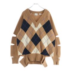 BURBERRY (バーバリー) Vネック チェック柄 アーガイルカットアウトニット セーター ブラウン レディース 8037240