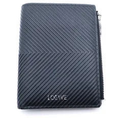 LOEWE (ロエベ) スリム コンパクトウォレット 二つ折り財布 コインケース ブラック テクスチャードクラッシックカーフレザー シルバー金具