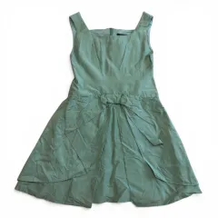 美品　希少デザイン　FOXEY　フォクシー　ノースリーブ　ドレス　ワンピース　膝丈　リボン　グリーン　サテン調　フレア　サイズ42　シルク100％