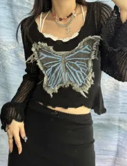 Y2K クロップド 蝶 黒 スリムフィット ニット