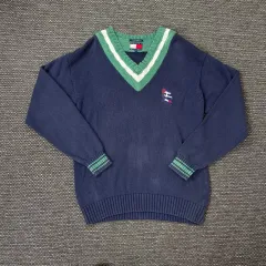 Tommy Hilfiger(トミーヒルフィガー) ネイビー Vネック ケーブル編み コットン ロング ニット セーター