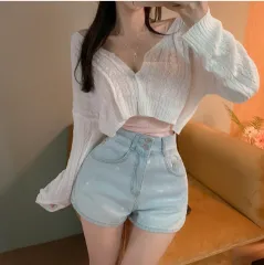 ケーブル編み クロップド Vネック ニット カーディガン サランタテム ベージュ アイボリー