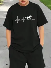 送料無料 ジュニア（ハートビート、馬、馬好き、ライダー、贈り物、馬が大好き）熱転写3Dプリント面白いTシャツ パロディ 子供服 男の子 女の子 小学生 中学生 半袖 夏「背面印刷可､備考必須」